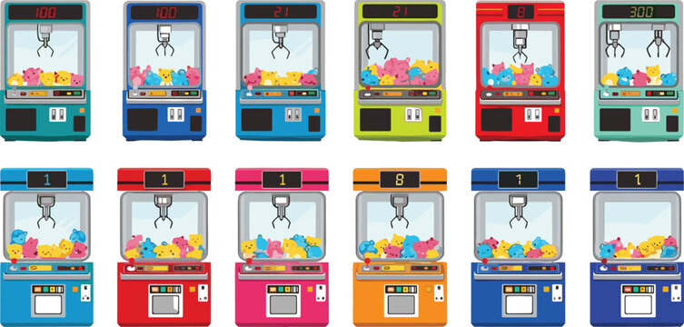 Colorful arcade claw machines with plush toys collection, amusement game vending machines set, cartoon vector illustration of prize grabber arcade entertainment concept