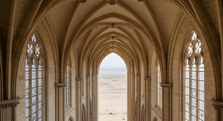 Naklejka premium Cathedral Interior with Desert View: Architectural Elegance and Serene Landscape