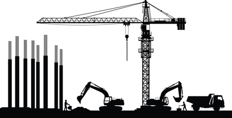 Construction site silhouette with tower crane, excavators, workers and dump truck, urban building development concept with heavy machinery and infrastructure construction vector illustration © MostArjuma
