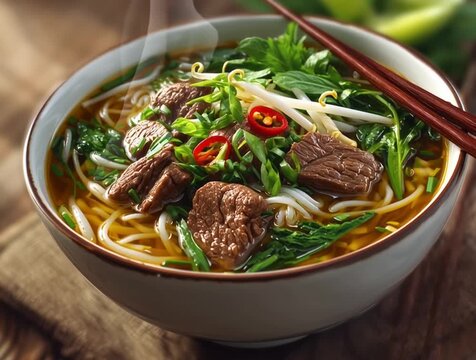 Vietnamese pho soup with beef and rice noodles
