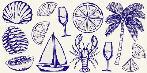 A collection of hand drawn summer themed illustrations in blue lines © Apurba