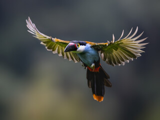 Fototapeta premium Black-billed Mountain Toucan Flying With Wings Spread Wide
