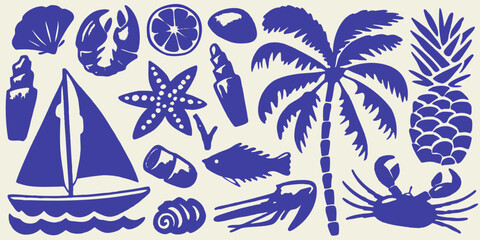 Obraz premium Blue illustrations of marine life tropical plants and seafaring vessels
