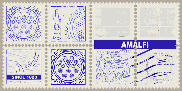 A collection of blue postage stamps with italian designs and amalfi text