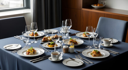 Fototapeta premium A beautifully set dining table evokes a sense of sophisticated indulgence. Perfect for illustrating fine dining, restaurant promotions, or lifestyle c