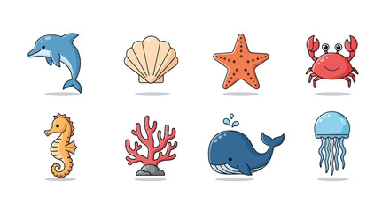 Cartoon ocean creatures set on white © KingShawn