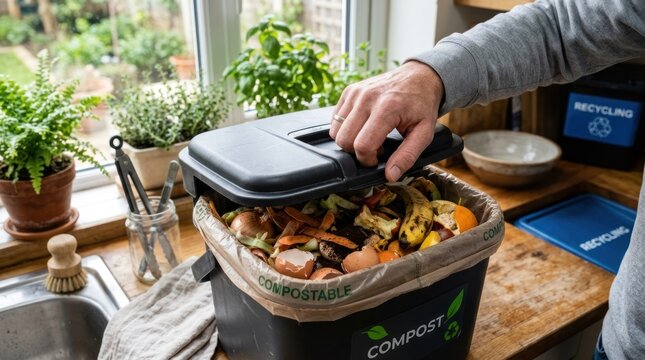 A person's hand is opening a black compost bin filled with food scraps and vegetables.