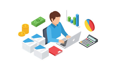 Isometric illustration of a person managing finances and business tasks.