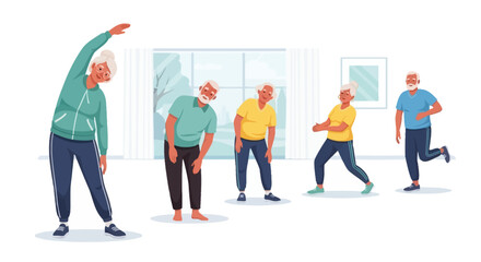 Fototapeta premium Active Seniors Exercising Together - Group of Elderly People Practicing Fitness and Wellness Indoors