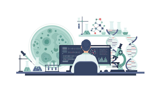 Scientist Analyzing DNA & Biological Data in Modern Lab. Biotechnology, Genetics & Medical Research Concept.