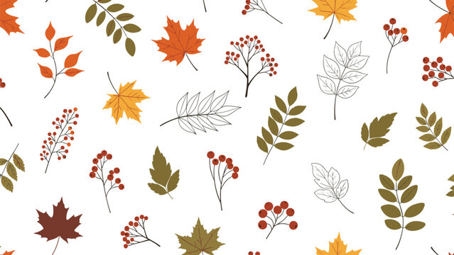 Seamless background pattern featuring various autumn leaves and clusters of red berries on a plain white surface.