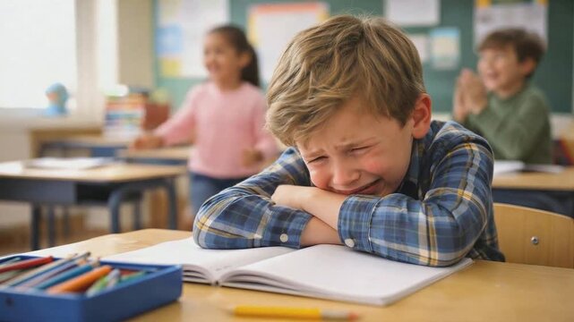 Upset elementary school boy crying at desk in classroom. Selective focus on sad child while classmates play in background.