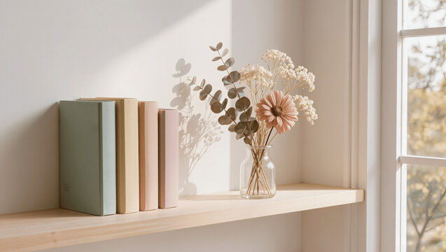Minimal shelf with books and dried flowers in calm pastel tones