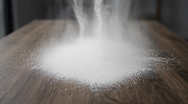 White powder explosion or cloud on a wooden surface in close up