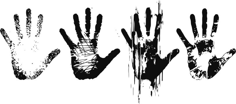 set of four black handprint grunge textures on white background