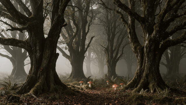 Misty forest with dramatic low light and mysterious atmosphere