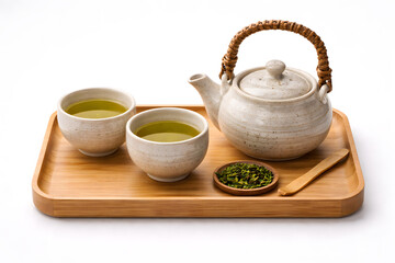 Traditional Japanese Ceramic Tea Set with Kyusu Teapot and Teacups on Bamboo Tray &ndash; Minimal Japanese Tea Culture Scene