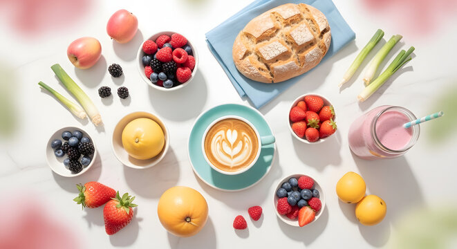 A bright and inviting flat lay showcasing a healthy breakfast or brunch spread. Perfect for illustrating wellness, food blogs, or lifestyle content pr
