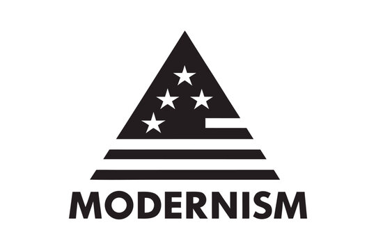 Modernism logo design featuring triangular icon with stars and tiered horizontal bars on gray background