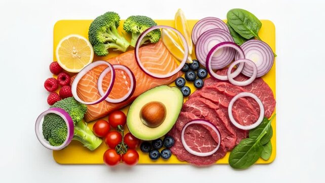 A vibrant yellow cutting board overflowing with an assortment of fresh fruits and vegetables, lean meats, and healthy fats, arranged artfully