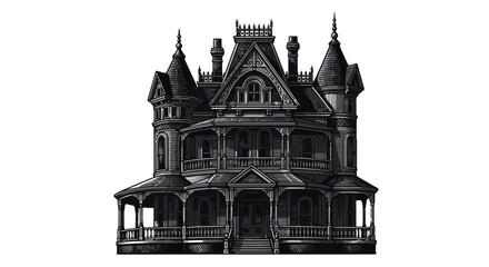 Gothic Victorian Mansion Ornate Architecture Detailed Illustration © PAPA