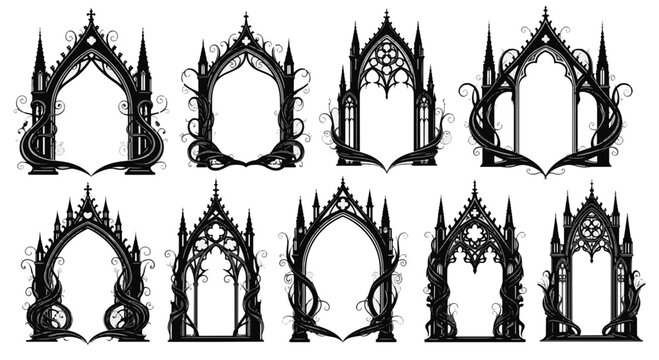 Gothic Arch Frames with Ornate Swirling Vines and Spires Collection