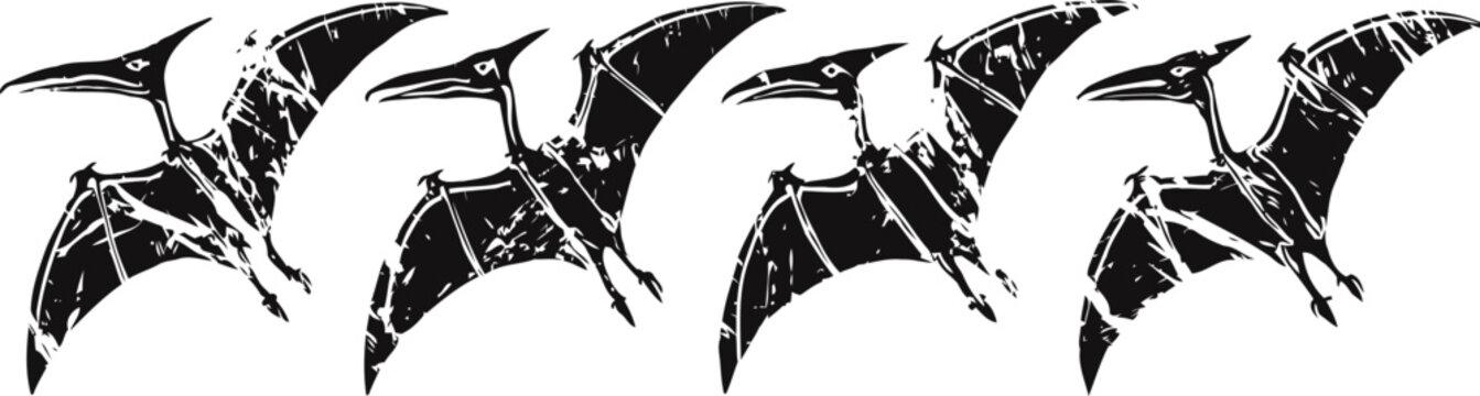 black pterodactyl silhouettes flying in formation with cracked texture on white background