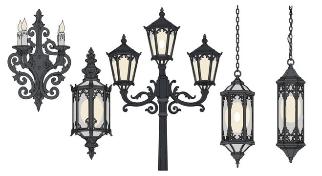 Victorian Gothic Lanterns and Lamp Post Set Ornate Design