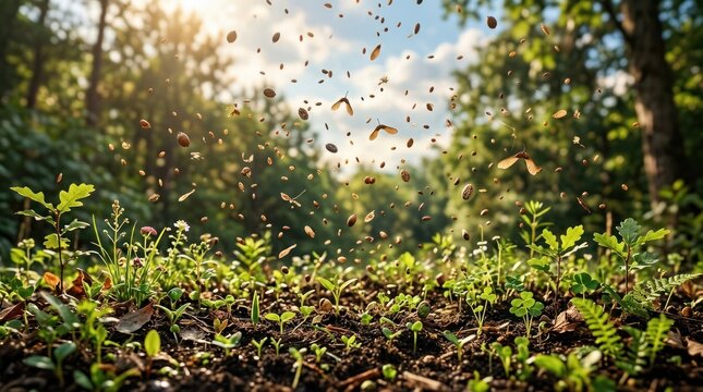 A group of bees flying over a field of green plants.