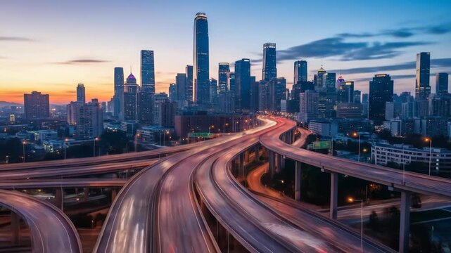 A cityscape at dusk with a complex highway interchange and skyscrapers
