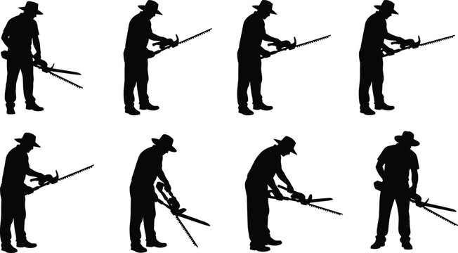 Vector illustration of workers silhouettes using hedge trimmers in different postures, symbolizing gardening, landscaping, outdoor work, safety, tools, maintenance, agriculture, and professional 