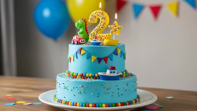 A two-tiered blue birthday cake with colorful decorations and a lit candle on top