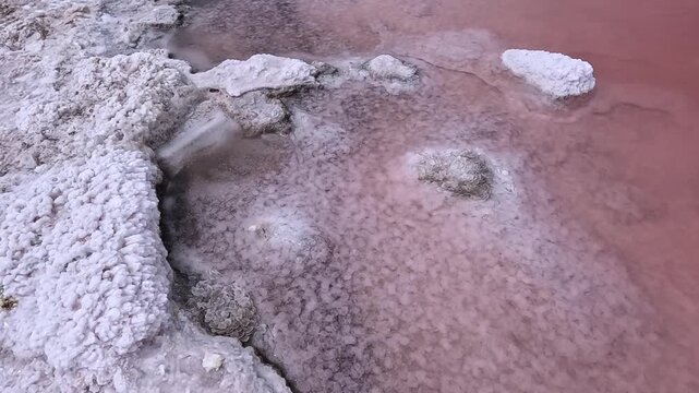 The Kuyalnik Estuary in the Odesa Oblast, Ukraine: black dust deposited on the shoreline covered with white table salt crystals of sodium chloride (NaCl); 