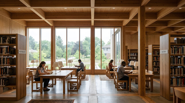 Mass timber building interior warm cozy living space with natural light and sustainable design elements