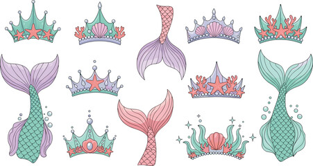 Hand drawn mermaid tail and princess crown vector set with starfish coral and seashells for magical underwater birthday parties and nautical illustrations. © Hosneara