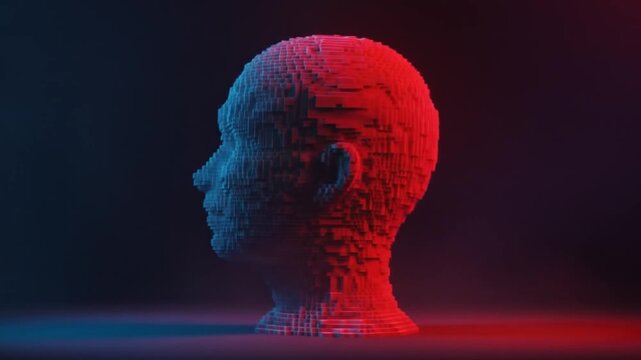 A 3D rendering of a human head made of small, intricately arranged parts in a dark setting with neon lighting