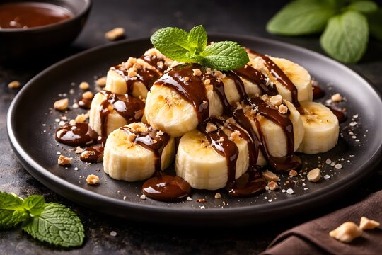 Banana dessert with chocolate drizzle on dark background, gourmet plating sweet tropical fruit treat, elegant food photography with dramatic lighting
