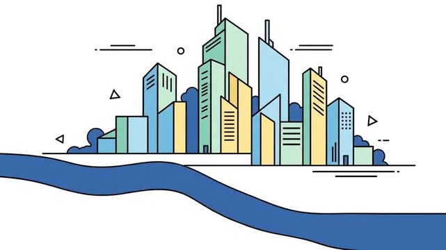 Cityscape Illustration - Modern Urban Skyline with River and Buildings.