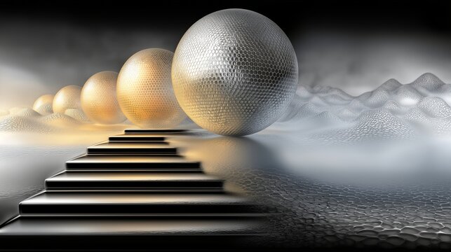 AI-generated illustration of an assortment of spheres on and around a flight of stairs, depicting man's endless quest to rise and advance
