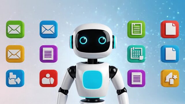 A cute minimalist robot character organizing tasks and mails
