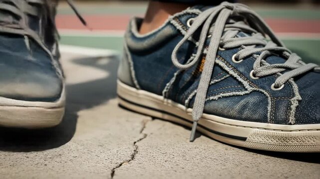 A close-up of a person's dirty blue sneaker with untied laces on cracked pavement