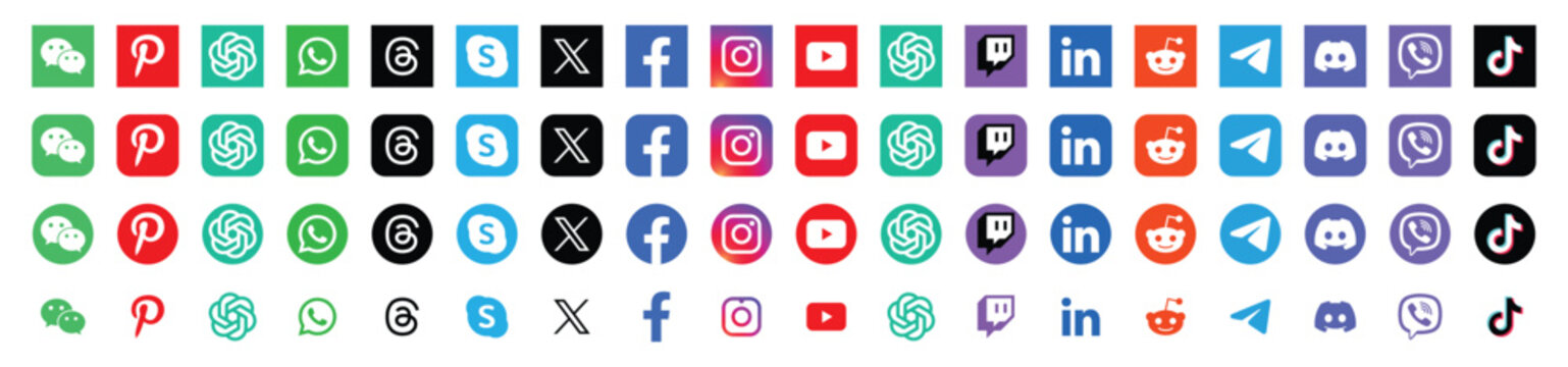 Set of Social media icon. Facebook, Instagram, Twitter X, Youtube, Whatsapp. Set of Icons for social networking . Social media logo set 2026. Social media icons pack. vector illustration eps file. 