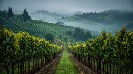 Lush green vineyard rows on rolling hills with foggy background, wine production landscape