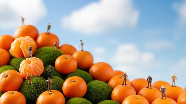 A surreal landscape featuring a pyramid of vibrant oranges and green spheres with tiny human figures atop, set against a bright blue sky with fluffy white clouds
