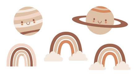 Cute Celestial Elements Set with Smiling Planets and Earthy Boho Rainbows Perfect for Nursery Design © Bayani