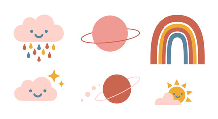 Fototapeta premium Adorable Weather and Space Elements Collection with Happy Clouds Sun Rainbow and Planets