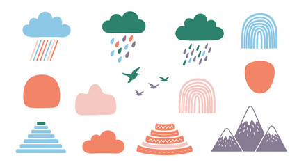 Naklejka premium Colorful Nature Elements Set with Clouds Diverse Rain Mountains Flying Birds and Simple Rainbows