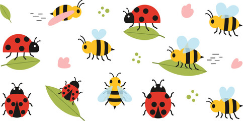 Set of cute honeybee and ladybug vector illustrations featuring friendly insects on green leaves with floral elements for spring and garden designs. © MdGohurul