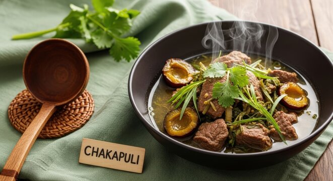 Authentic Georgian Chakapuli Lamb Stew in Ketsi Bowl with Fresh Tarragon and Golden Hour Glow