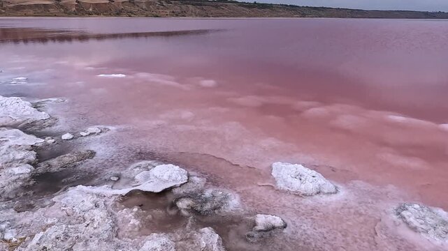 The Kuyalnik Estuary in the Odesa Oblast, Ukraine: black dust deposited on the shoreline covered with white table salt crystals of sodium chloride (NaCl); 